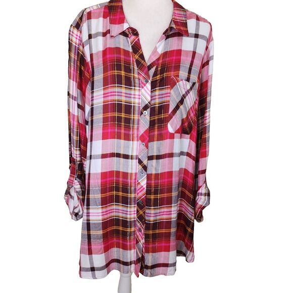 Intro. NWT Plaid Shirt Womens 3X Pink Black Rayon Flannel Button Up Tunic Top - Picture 2 of 10